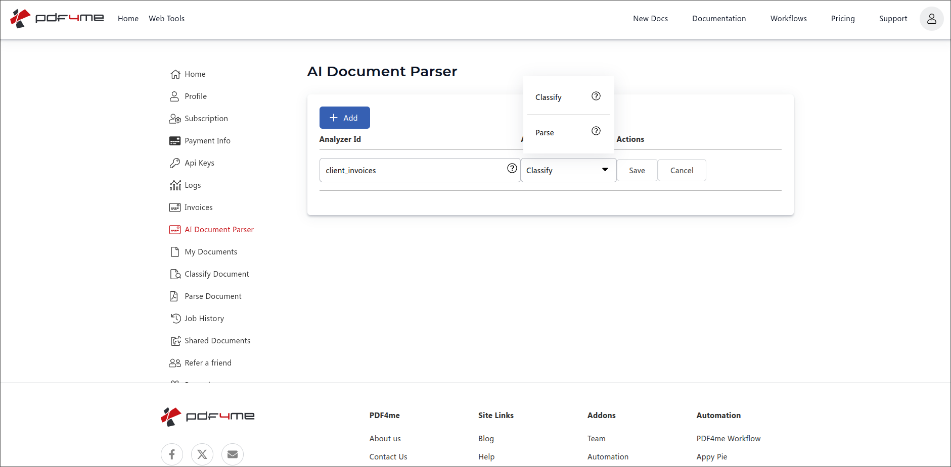 O analisador de documentos PDF4me AI adiciona uma linha com o campo ID do analisador preenchido com client_invoices, o menu suspenso Tipo de analisador mostrando Classificar destacado acima de Analisar e um valor de Classificar selecionado na linha, com os botões Salvar e Cancelar à direita.